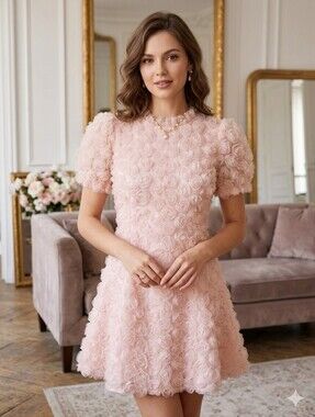 Kiyichu Pink 3D Rosette Mini Dress Size M Mesh Puff Sleeve Floral Coquette Luxe
